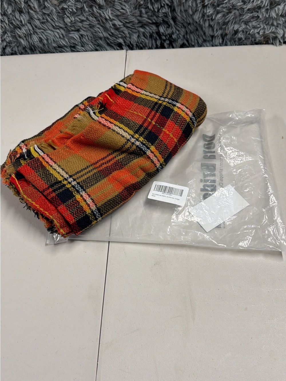 Plaid Knit scarf in Orange, Black & Mustard